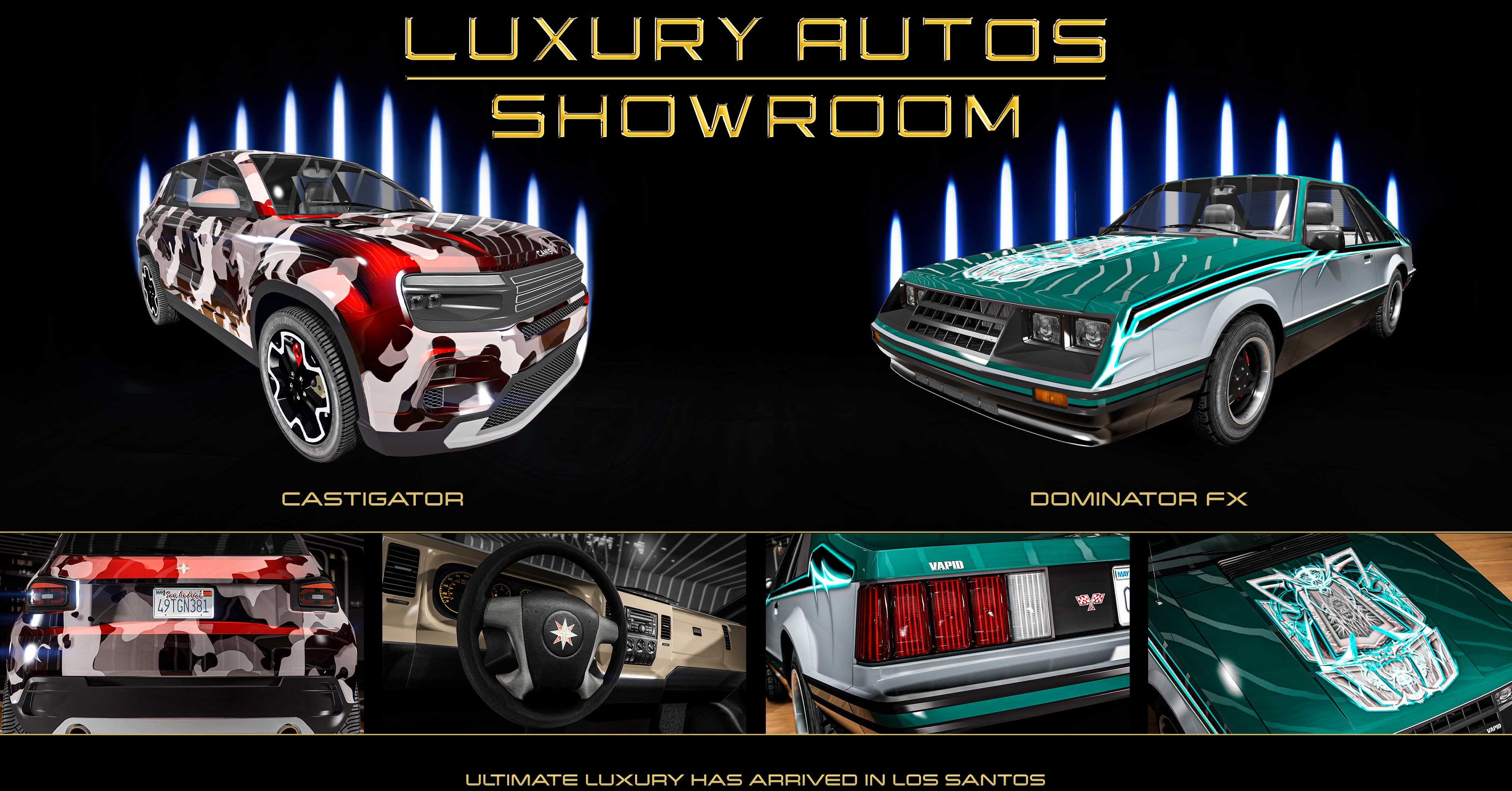 GTA Online promo art for vehicles for sale at Luxury Autos Showroom this week