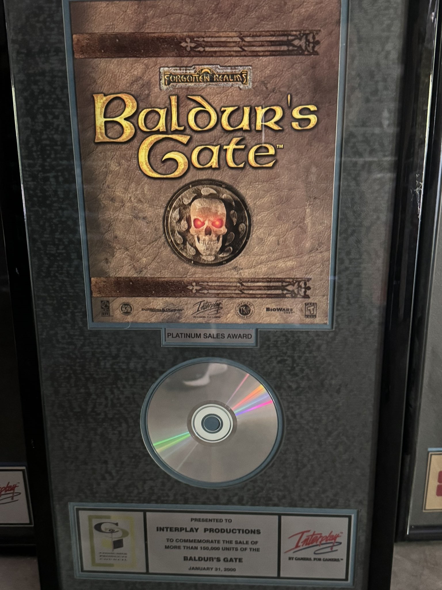 SPA Platinum Sales Award for Baldur's Gate, presented to Interplay in 1998