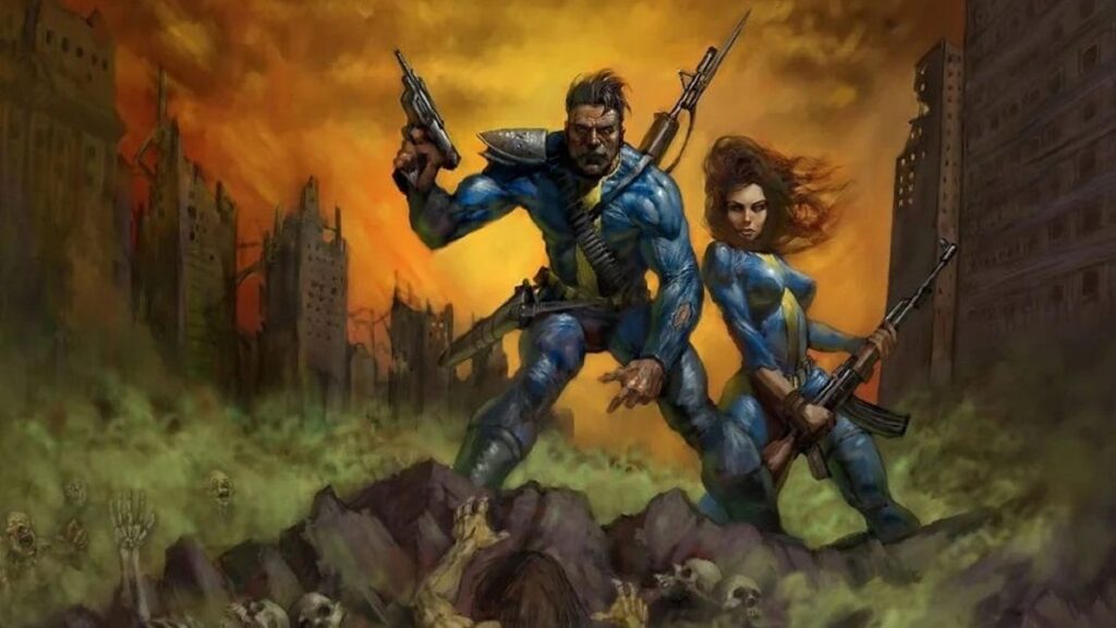 Male and Female Vault Dweller holding guns and cresting a hill with ruined city in background