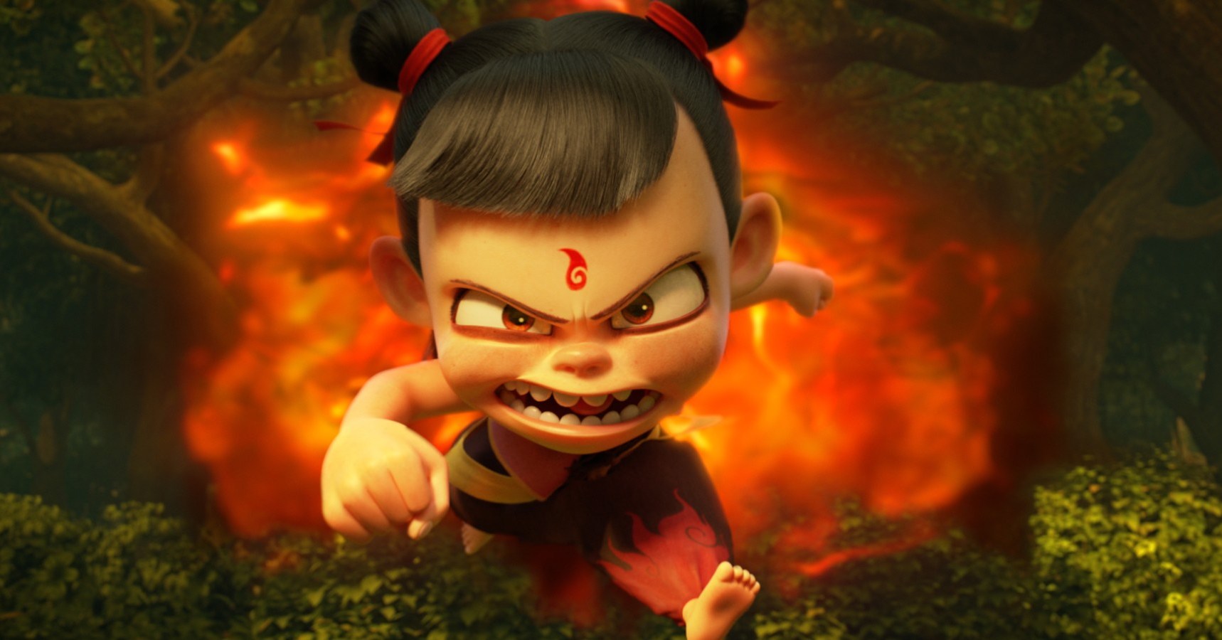 A young kid with an angry look on their face runs toward the camera with fire behind them in Nezha