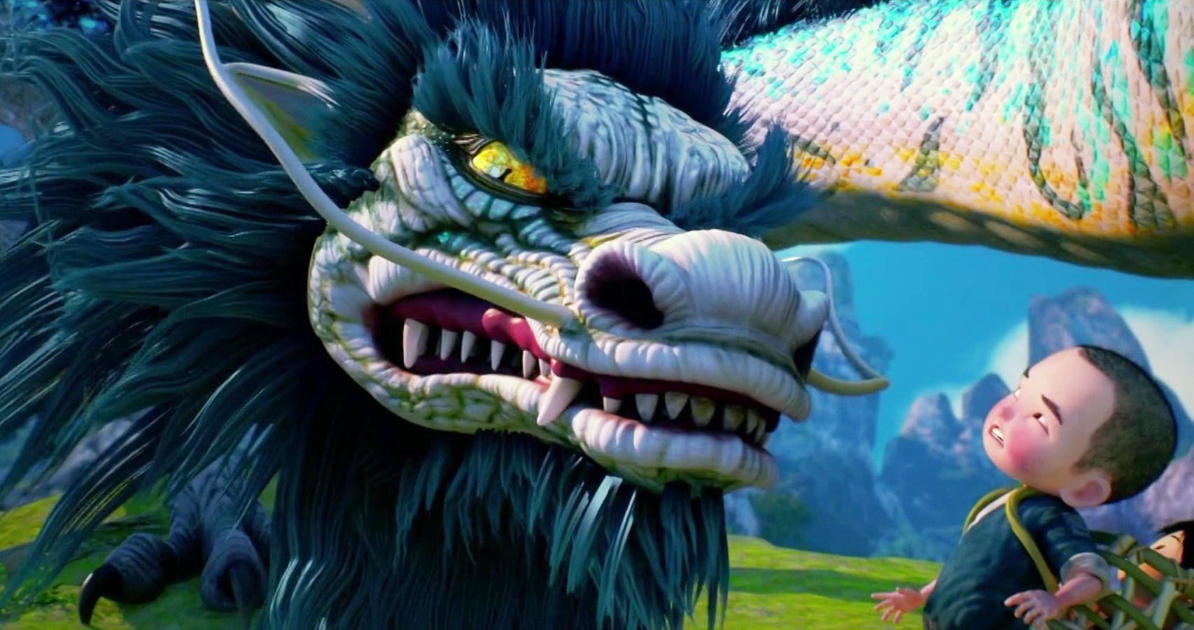 A small child talks to a brightly colored dragon in Monkey King: Hero is Back 