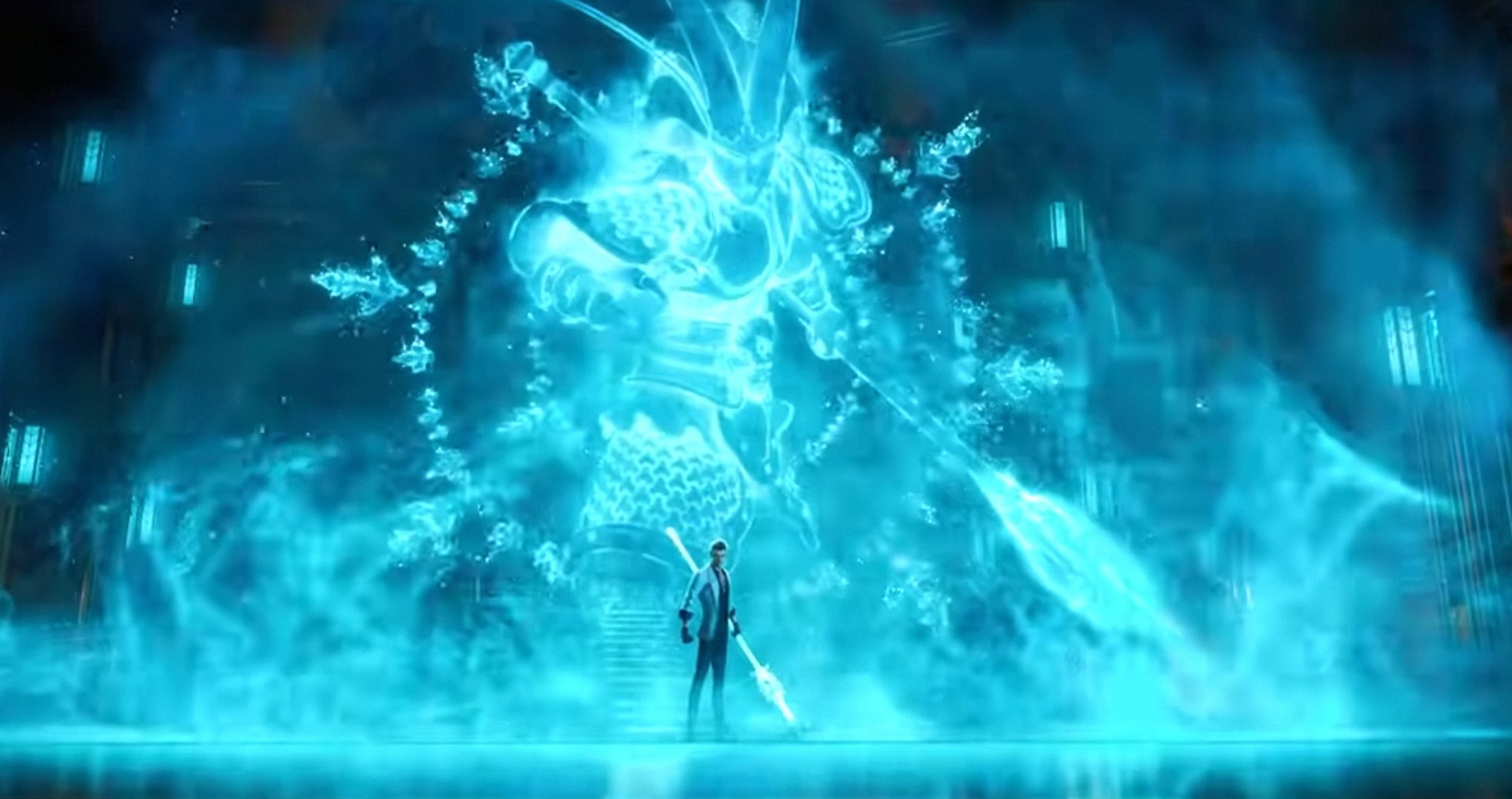 A man with a spear stands in front of a massive glowing bigger man with a spear in New Gods: Nezha Reborn