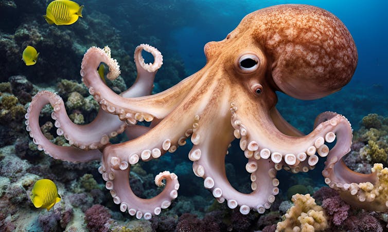 An octopus underwater with yellow fish