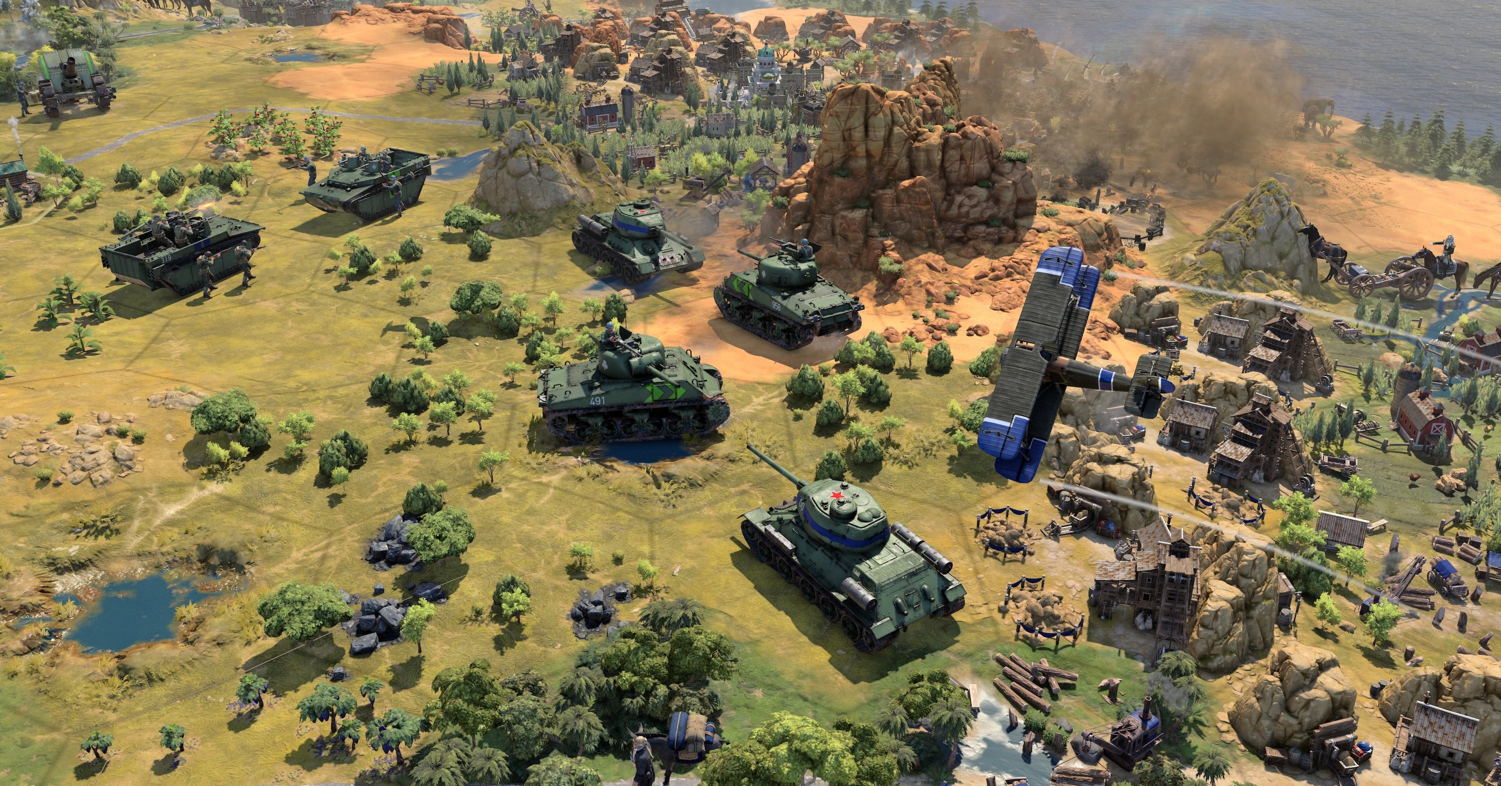 A screenshot shows tanks and planes fighting from an overhead perspective in Civilization 7