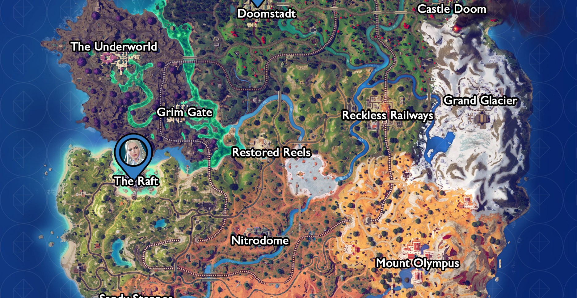 The Fortnite C5S4 map showing where to find three NPC bosses that hold medallions