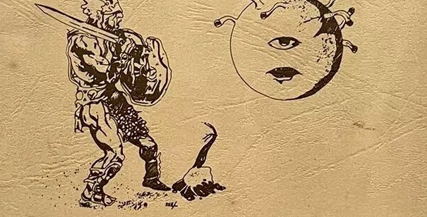 The cover of the original 1975 TSR Greyhawk supplement manual for Dungeons & Dragons, featuring line art of a beholder and an armored paladin holding a sword