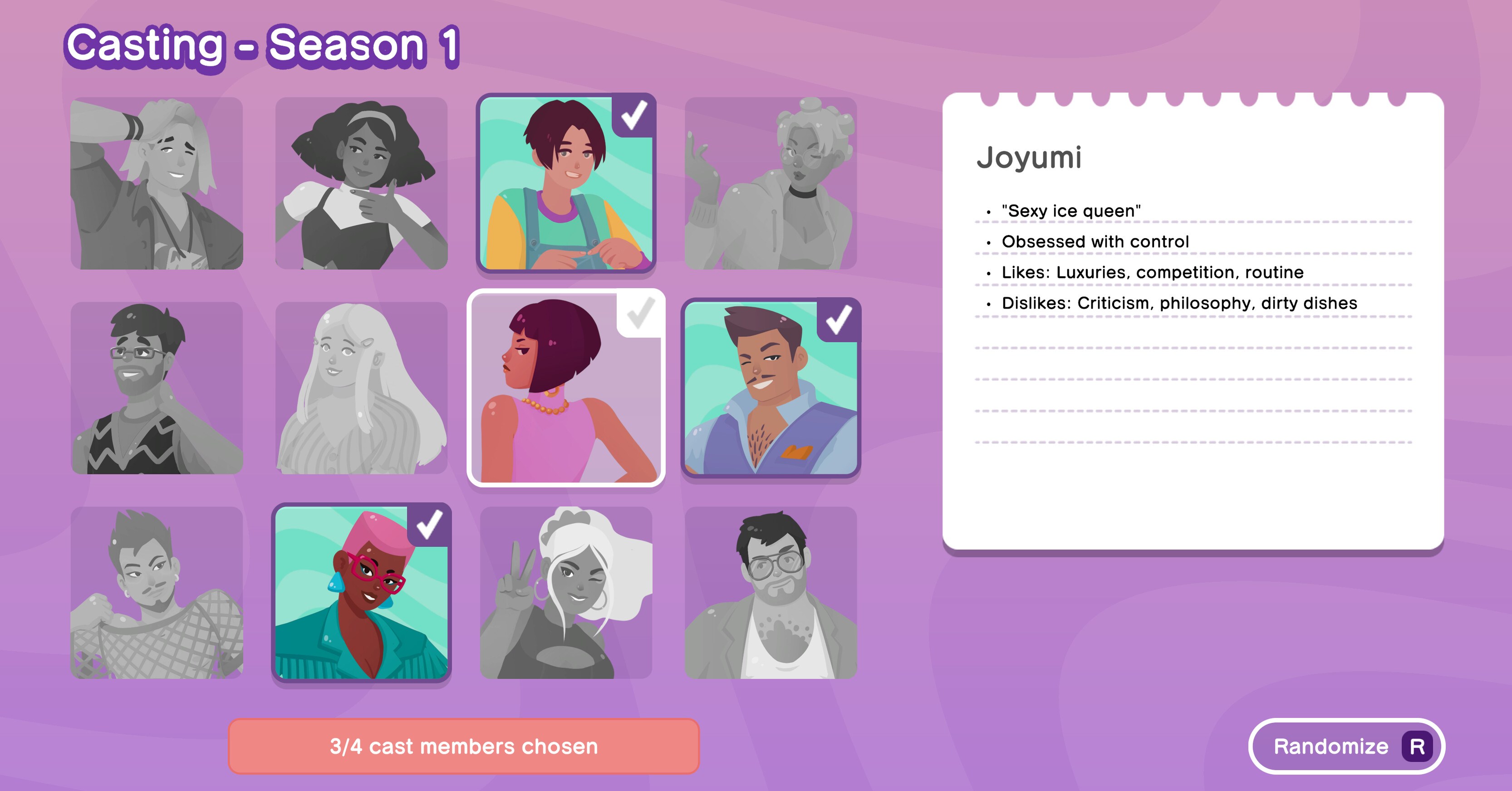 Screenshot from The Crush House, showing a four by three grid with different cast members to choose from.