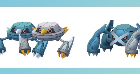 Shiny Beldum, Metang, and Metagross with their regular forms. All three shiny forms turn silver with gold accents.