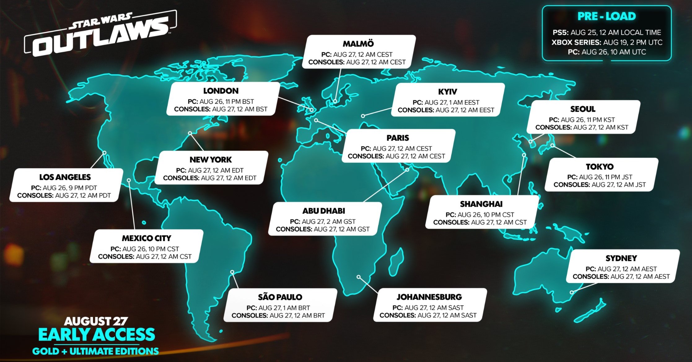 A graphic shows the early access release time for Star Wars Outlaws