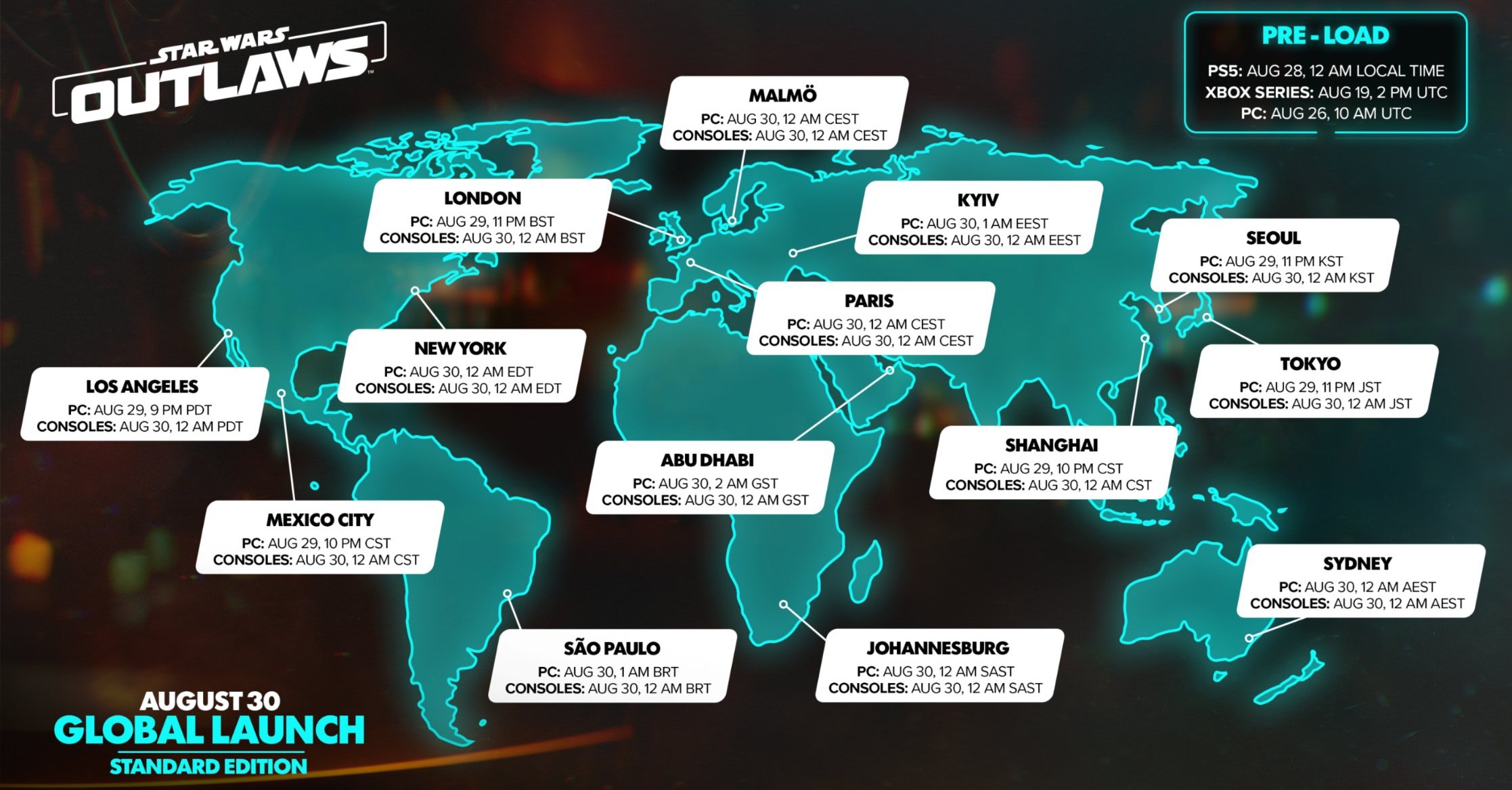 A graphic shows the release date and times for Star Wars Outlaws