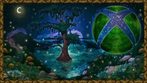 A stylized Xbox logo in support of International Day of the World’s Indigenous Peoples featuring the Xbox sphere with a green basket weave texture on a background with a night sky, a cypress tree, mushrooms, twinkling lights, and basket weave border.