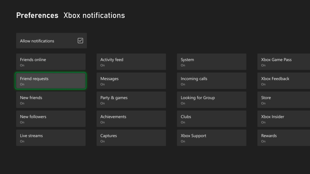 Xbox console page with options to customize friends, followers, and clubs related privacy settings.