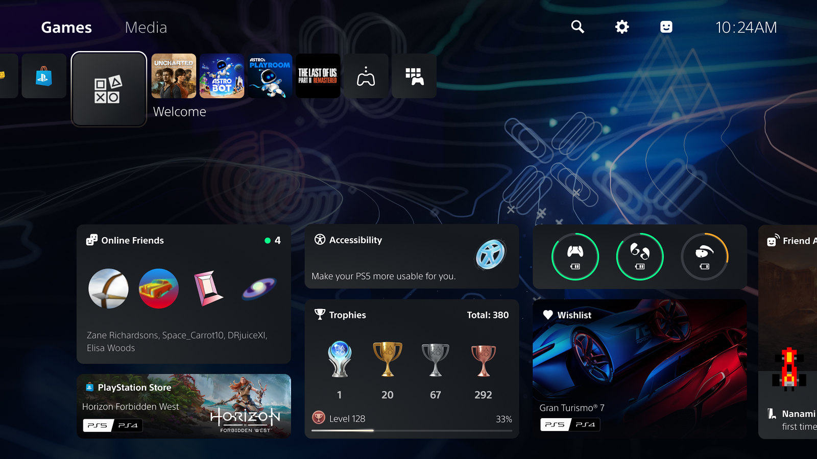 PS5 UI screenshot showing the Welcome hub