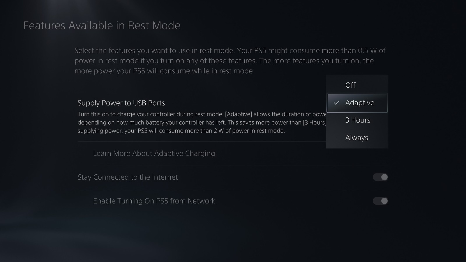 PS5 UI screenshot showing adaptive charging option in the settings menu