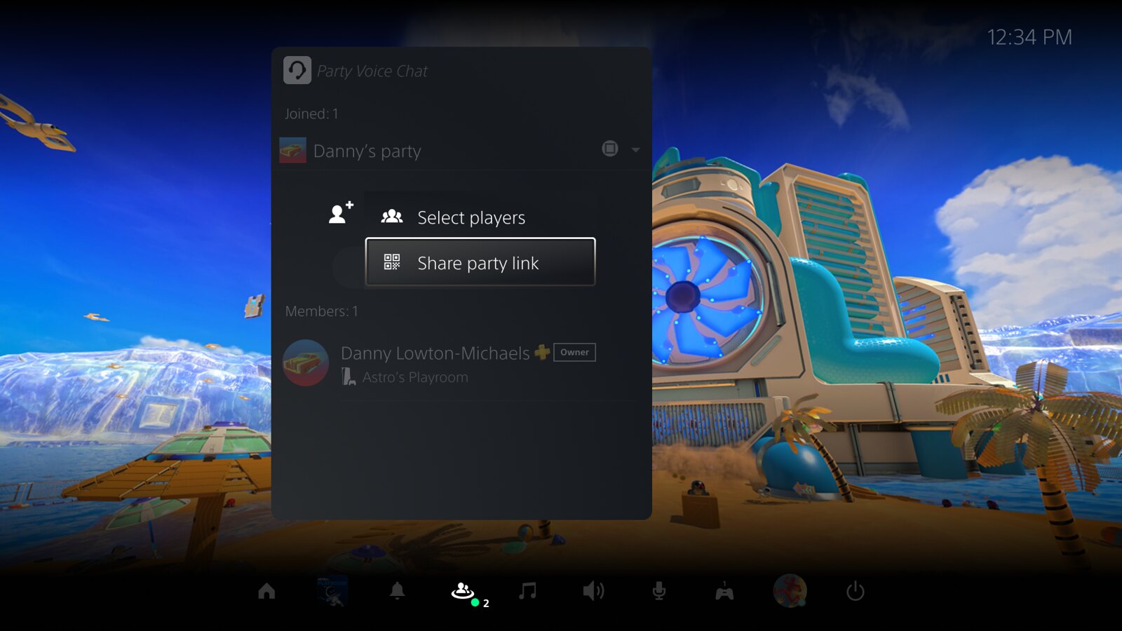 PS5 UI screenshot showing the option to share party link from the voice chat card