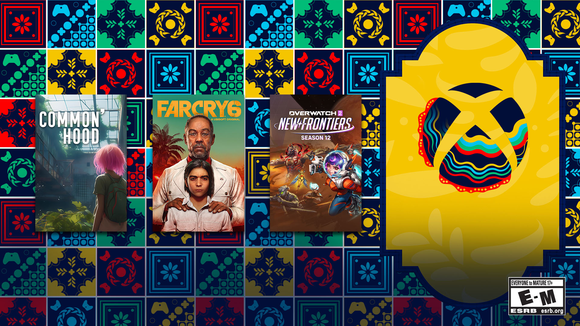 A stylized Xbox logo in support of Hispanic and Latino Communities featuring box art for Common’hood, Far Cry 6, and Overwatch 2 . EVERYONE to MATURE 17+, E-M. ESRB esrb.org