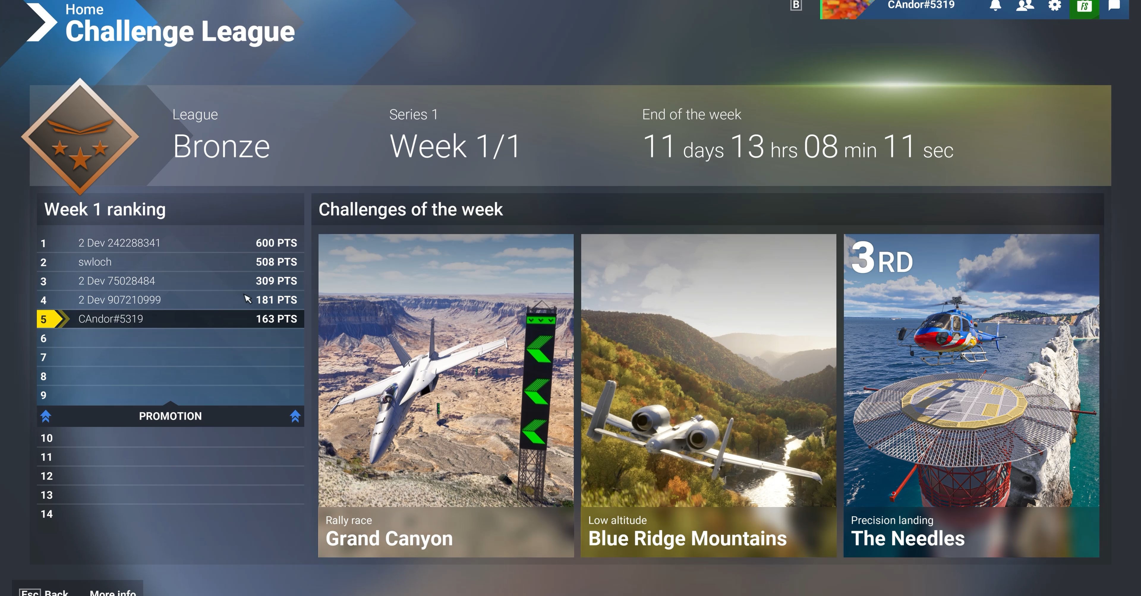 The challenge menu will include three actitivies each week, like the Grand Canyon rally race, low-altitude Blue Ridge Mountains flight, and the helicopter precision landing shown here.