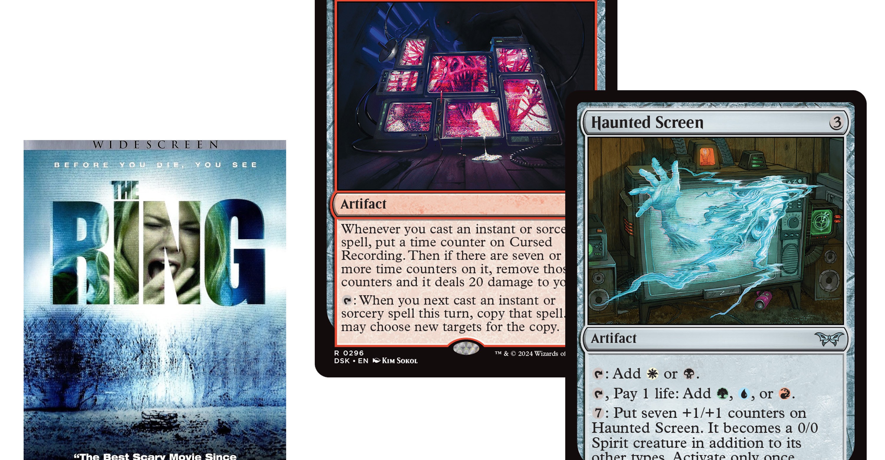 A copy of The Ring’s widescreen DVD release aside Cursed Recording and Haunted Screen, artifacts from Magic: The Gathering.