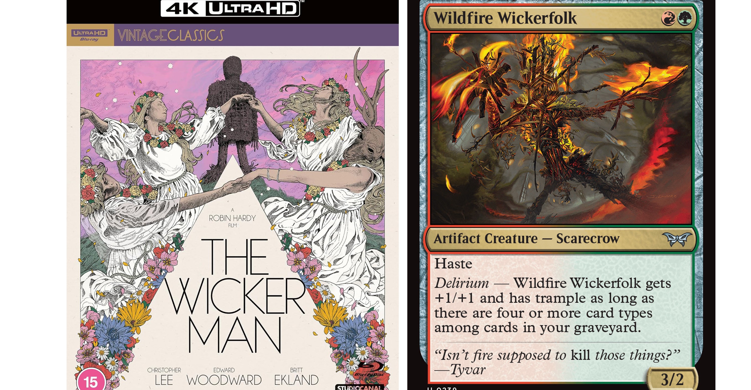 A copy of The Wicker Man’s 40th anniversary 4K edition next to Wildfire Wickerfolk, an artifact creature, a scarecrow from Magic: The Gathering.