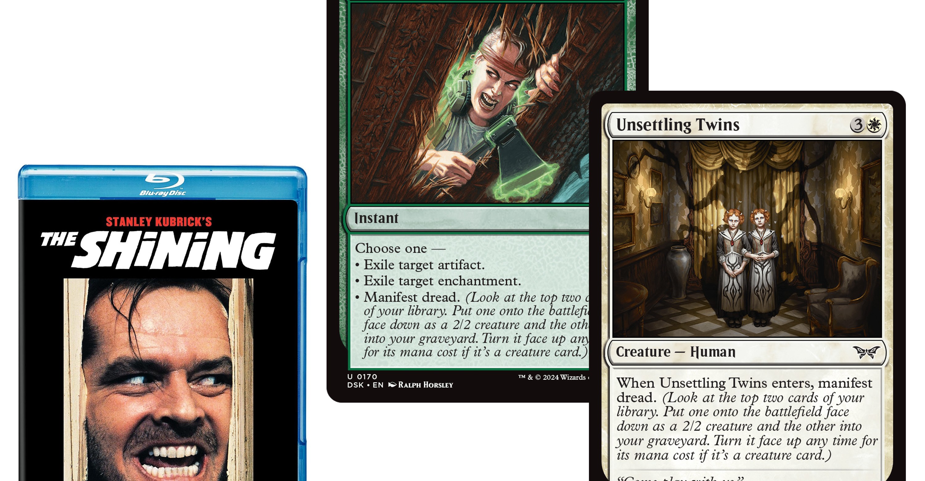 A Blu-ray copy of The Shining next to Break Down the Door, an instant, and Unsettling Twins, a creature and a human, from Magic: The Gathering.