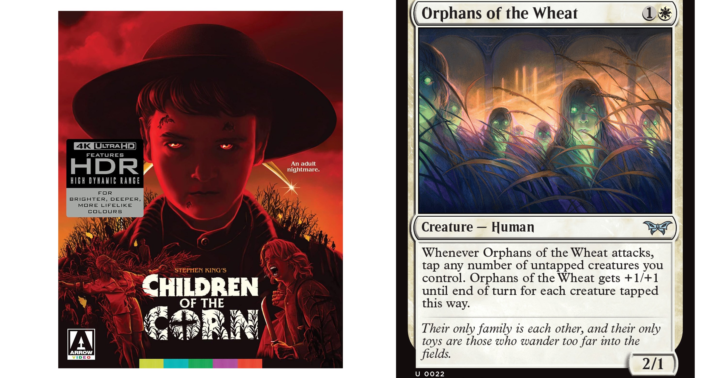 A 4K version of the original Children of the Corn next to Orphans of the Wheat, a human creature from Magic: The Gathering.