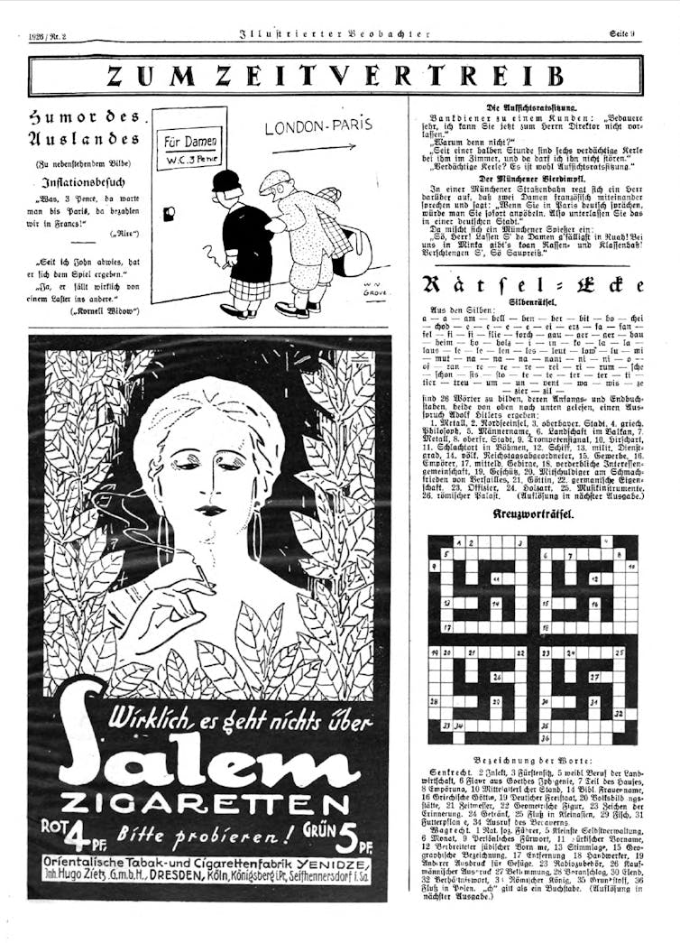 A black and white page shows writing in German, illustrations and Nazi symbols over a crossword puzzle.