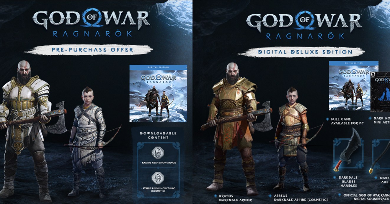 Two promotional images comparing the pre-order bonuses for the PC version of God of War Ragnarök