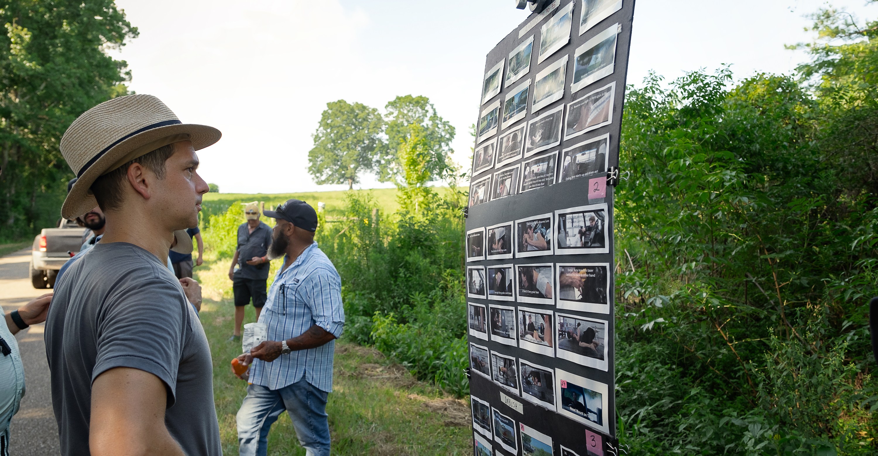 Director Jeremy Saulnier examines a shot list on the set of Rebel Ridge.