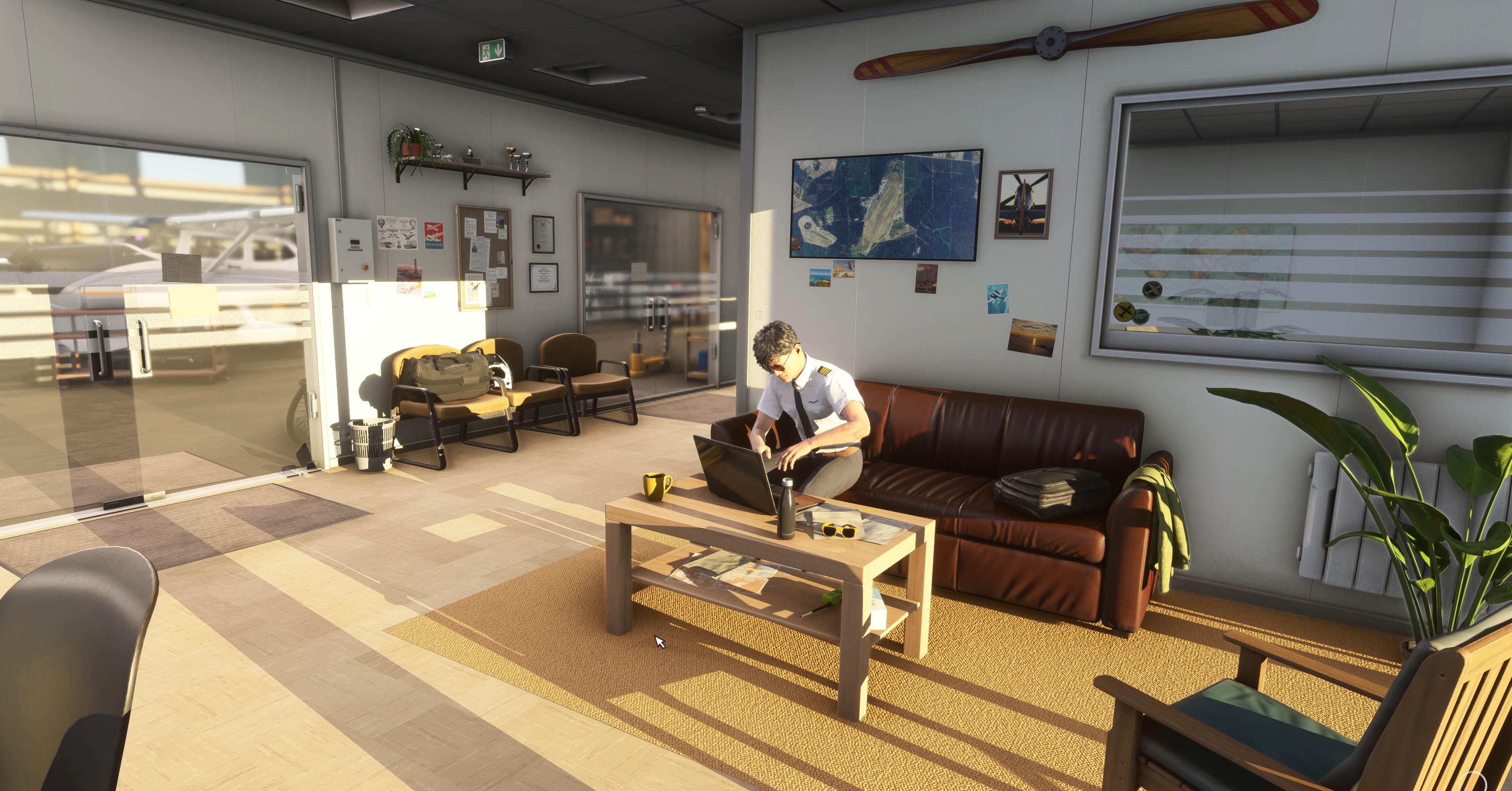 A pilot avatar sits on the couch in his homely early-game office.