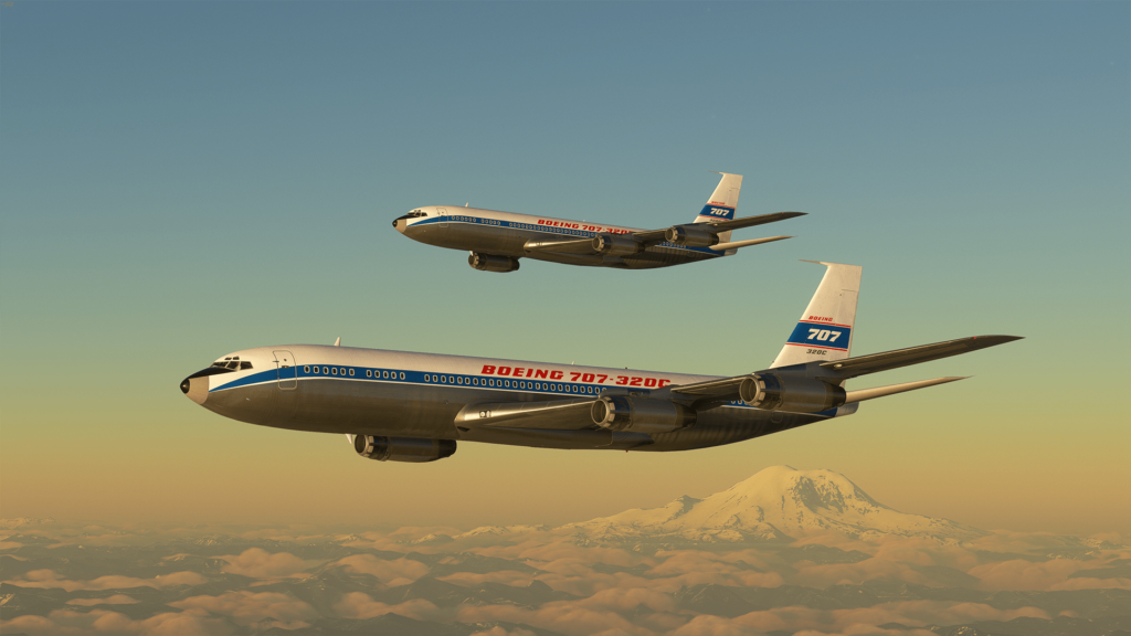 Two Beoing 707s fly above the clouds, with a large snowy mountain off in the distance