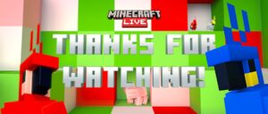 The Minecraft Live logo above the text "Thanks for watching" and two parrots sticking out their heads