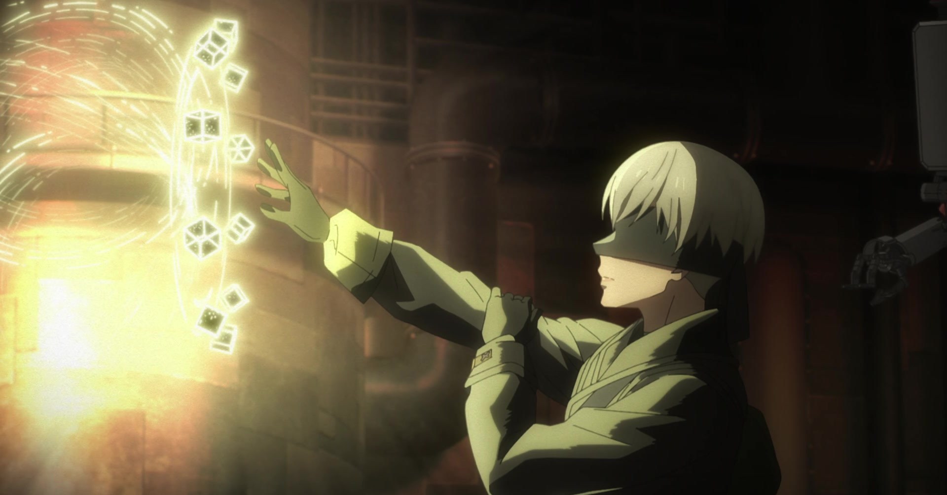 9S raising his hand to make magic appear in the air