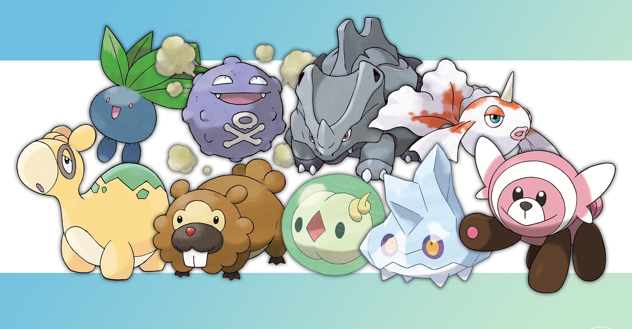 All the Ditto Pokémon: Oddish, Koffing, Rhyhorn, Goldeen, Numel, Bidoof, Solosis, Bergmite, and Stufful