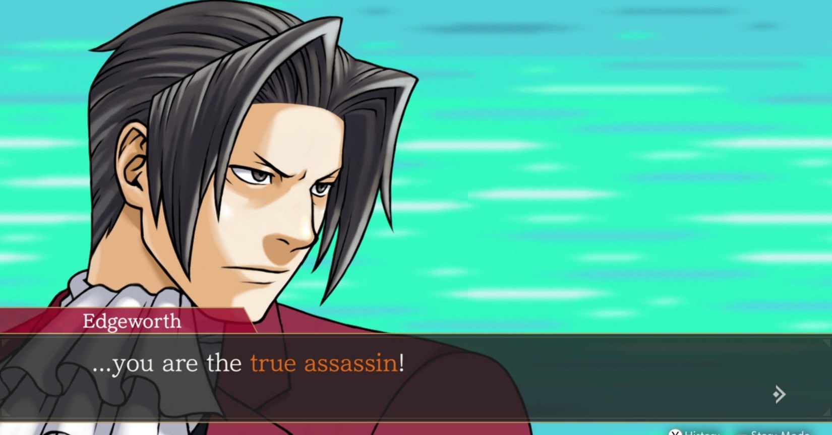 A zoomed-in shot of Miles Edgeworth, who is saying, “…you are the true assassin!”