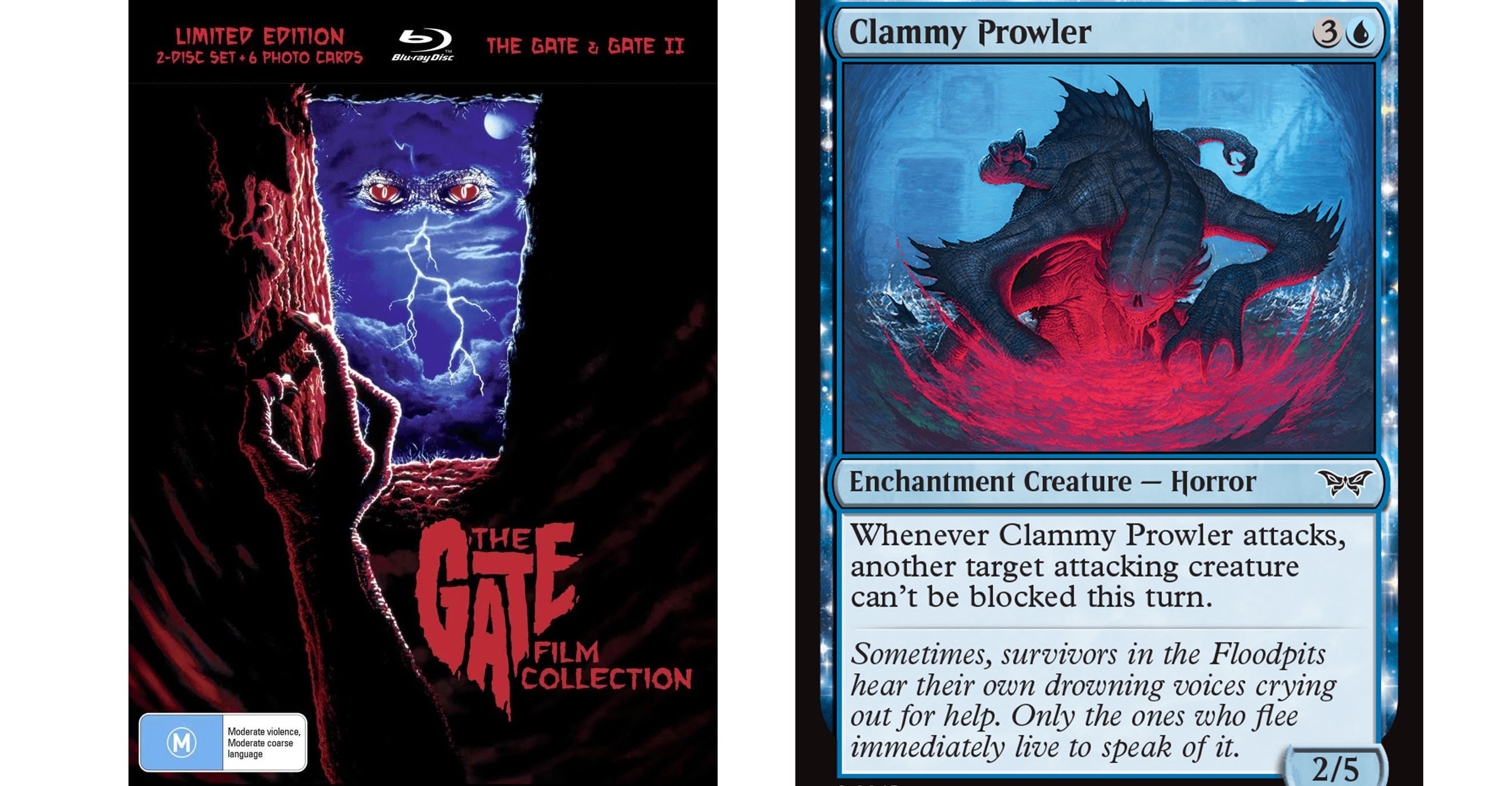 A poster from the movie The Gate alongside Clammy Prowler, an enchantment creature, a horror, from MTG Duskmourn.