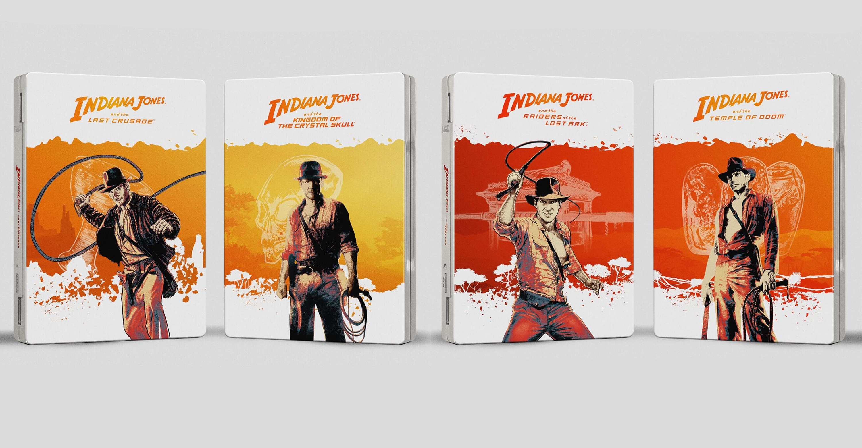 A stock photo of the steelbook cases of the first four Indiana Jones films