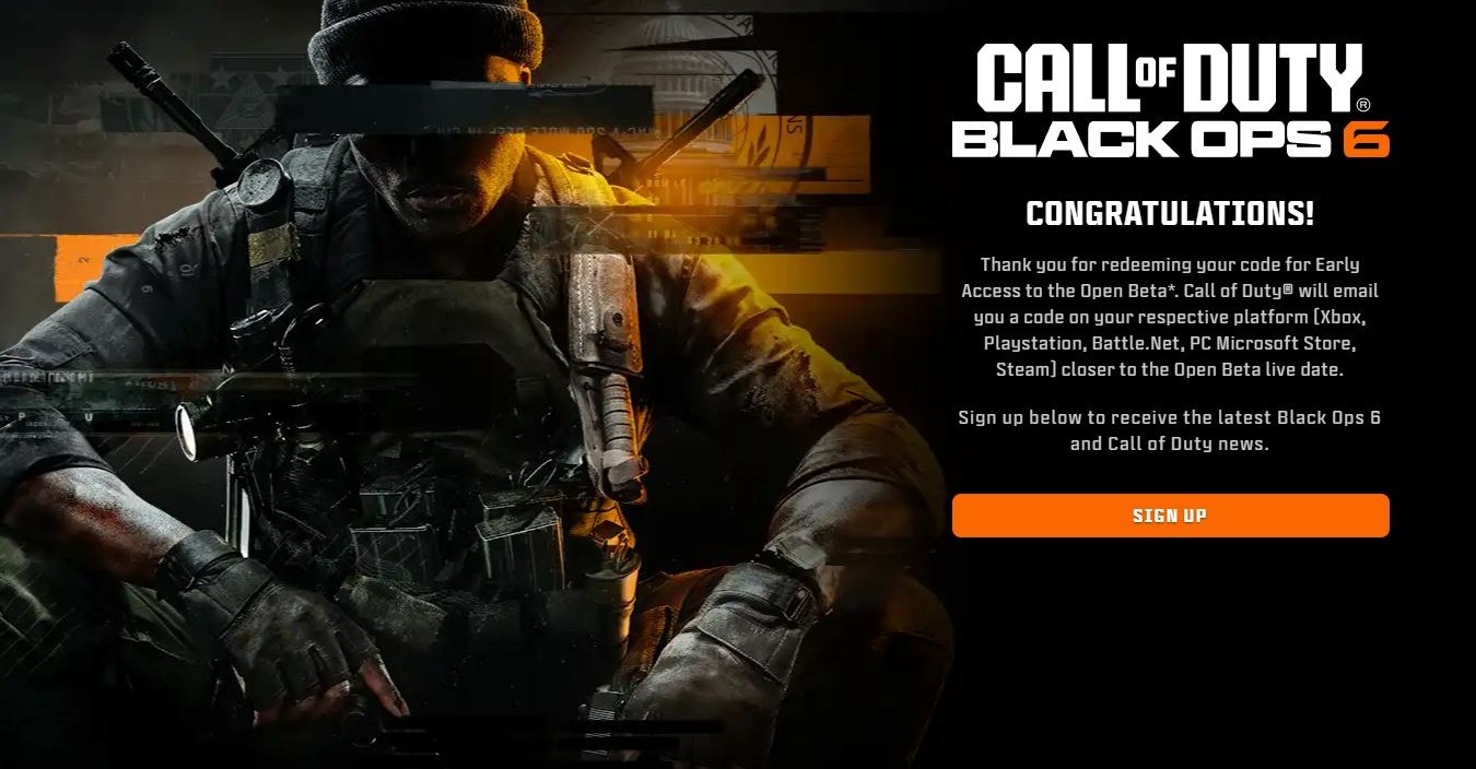 A ‘congratulations’ message for redeeming a code for the Black Ops 6 beta.