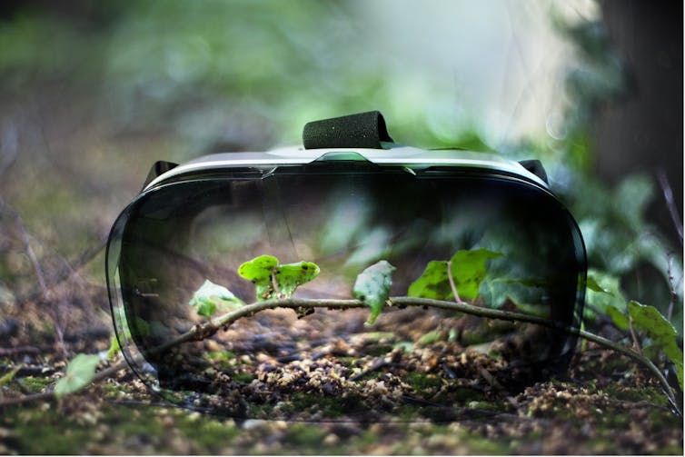 A VR headset with sprouting green leaves reflected on its surface