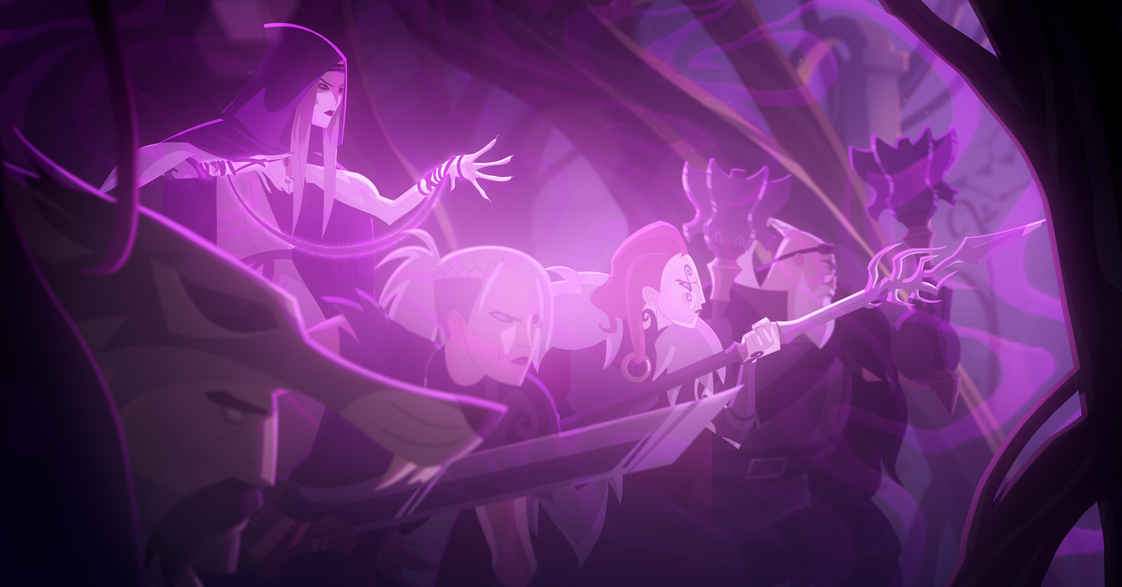 Sigrid and some of her teammates preparing to fight and bathed in a magic purplish hue