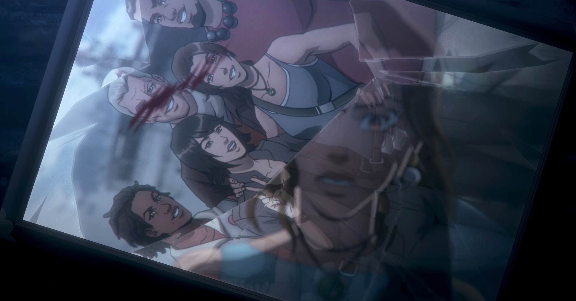 A photo of Lara Croft and friends in a cracked picture frame, with the glass reflecting Lara’s face in the Tomb Raider animated series season 1