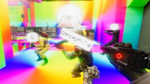 Holding a gun sideways to shoot bad guys with Illuminati symbols for heads in a rainbow-colored room