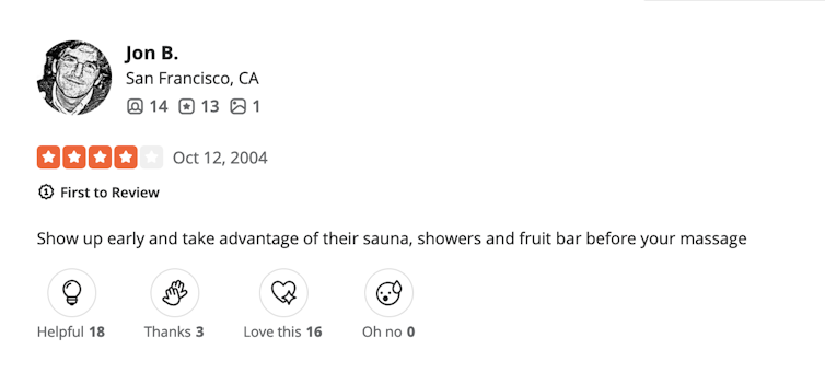 An online 'four star' review reading, 'Show up early and take advantage of their sauna, showers and fruit bar before your massage.'