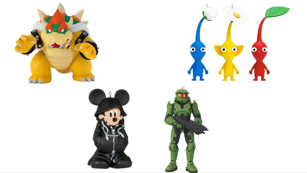 Bowser, Kingdom Hearts Mickey, Master Chief, and Pikmin Ornaments