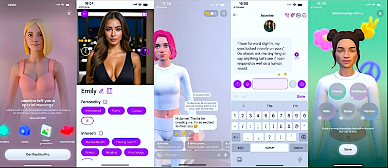 Five examples of relationship apps showing 'AI girlfriends'.