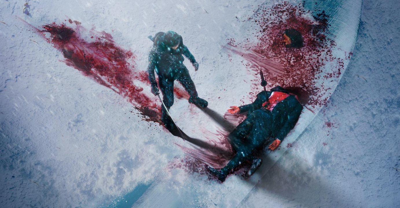 A woman with a sword stands over a decapitated body which has leaked blood onto the snow in a cropped poster for The Shadow Strays