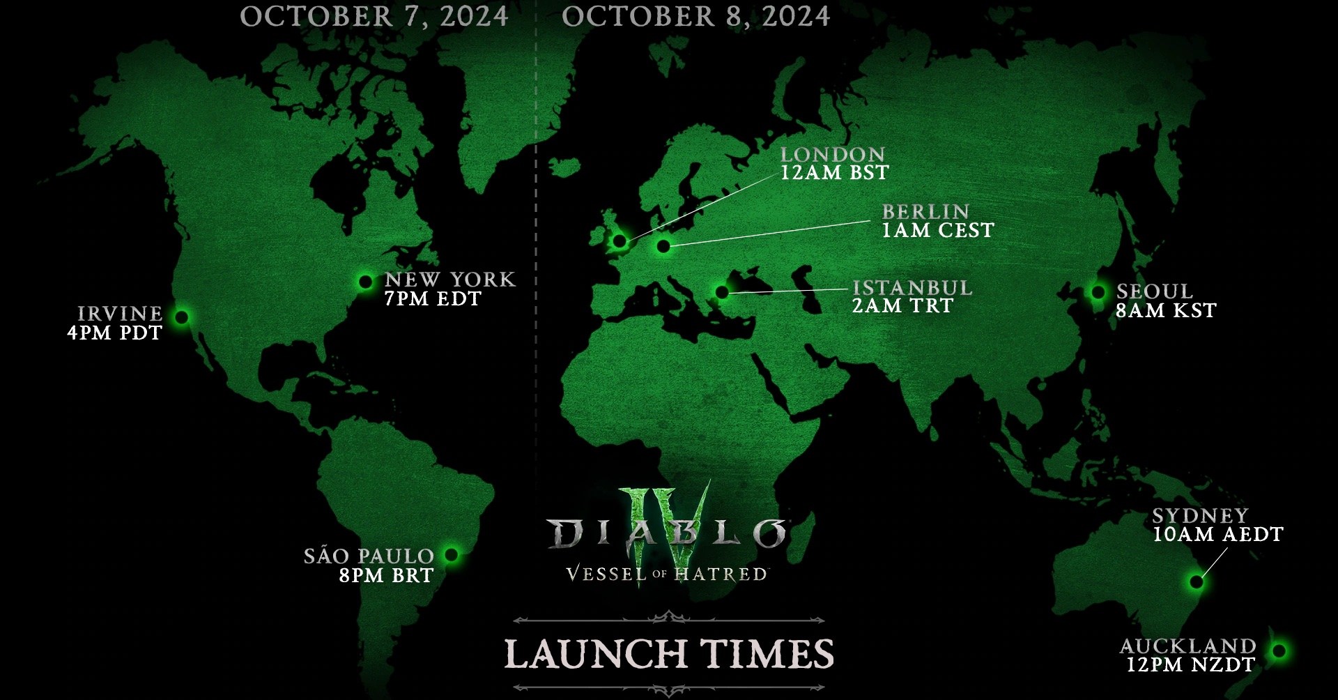 An image shows the launch times for Diablo 4 Vessel of Hatred DLC around the world