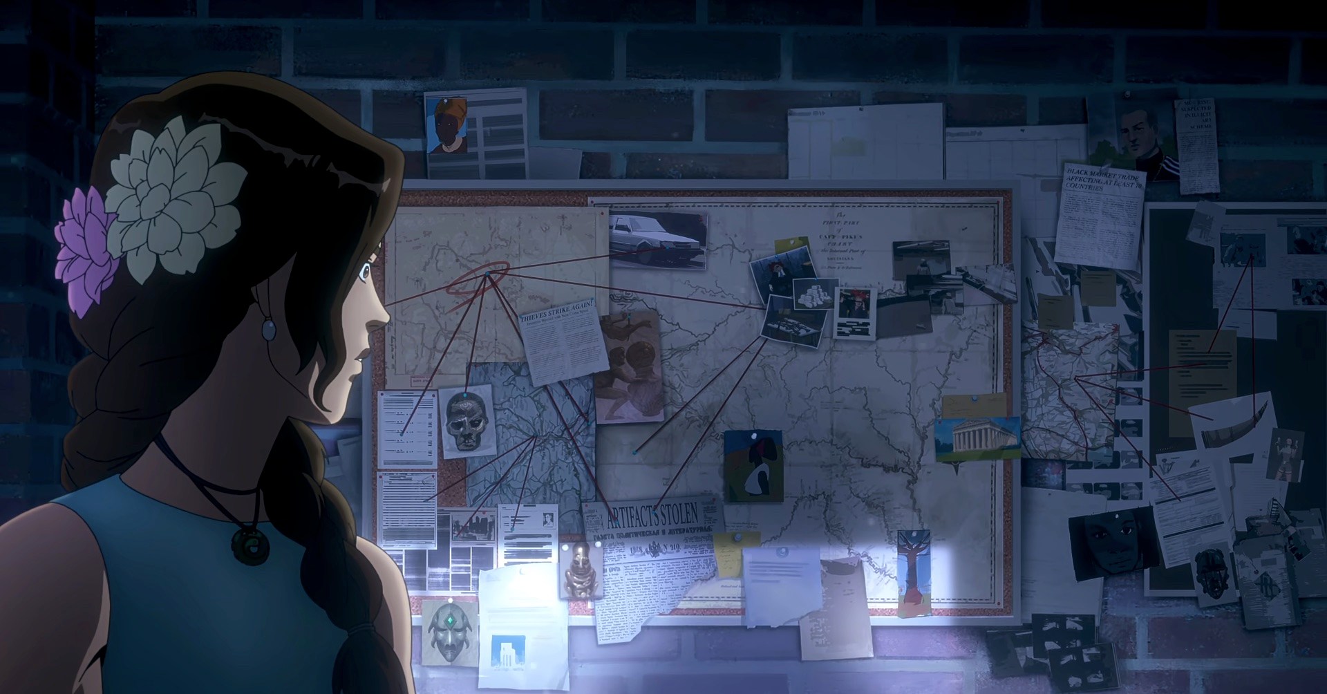 Lara Croft looks at a yarn board of evidence in Tomb Raider animated series season 1