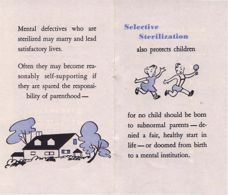 A 1950s era pamphlet that reads: The average feebleminded parent cannot be expected to provide good heredity, a normal home, intelligent care - to say nothing of the many other things needed to bring up children successfully.